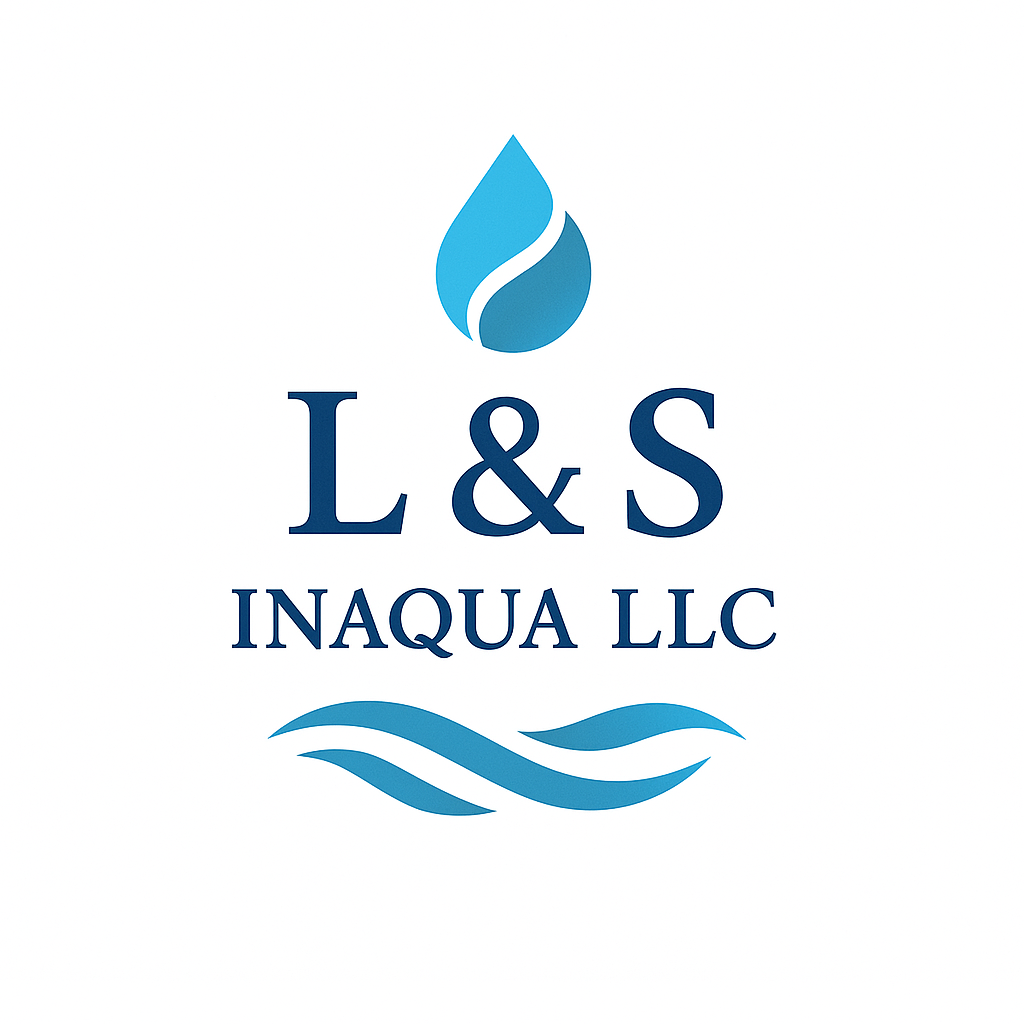 L & S INAQUA LLC Logo. Blue text and graphics on white background.